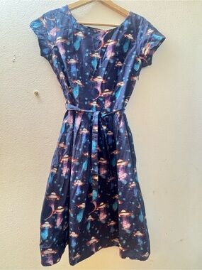 Galaxy Print Navy Fit-and-Flare Dress with Self Tie Belt